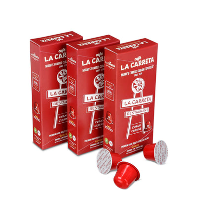 Three ten-capsule packs of Café La Carreta Cuban espresso, 5.3 g per capsule