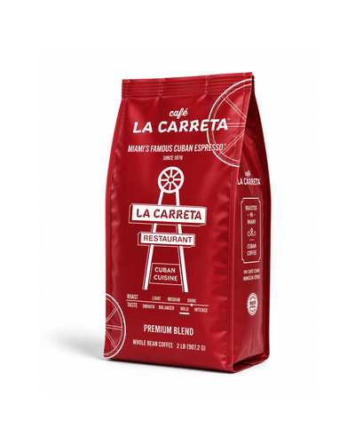 Red 2 lb bag of Café La Carreta Restaurant Premium Blend whole bean coffee, front view
