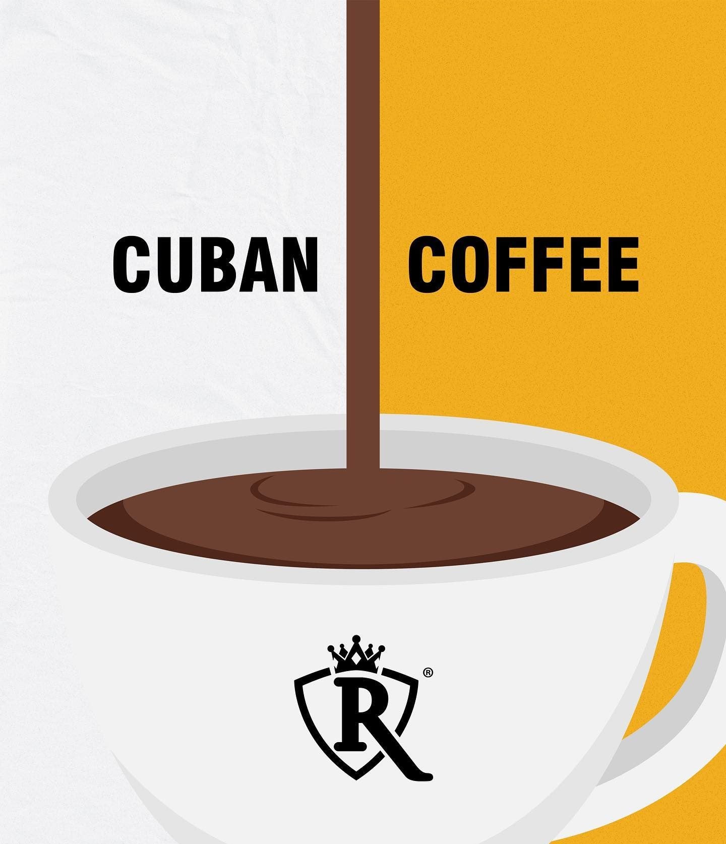 Coffee pouring into a white cup marked with the Café Real crown