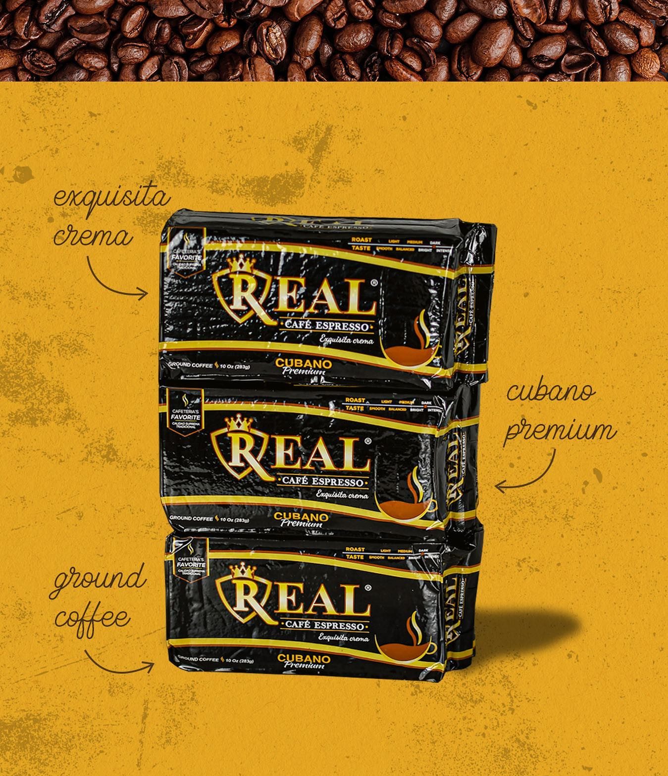 Three bricks of Café Real ground coffee labelled exquisita crema and cubano premium