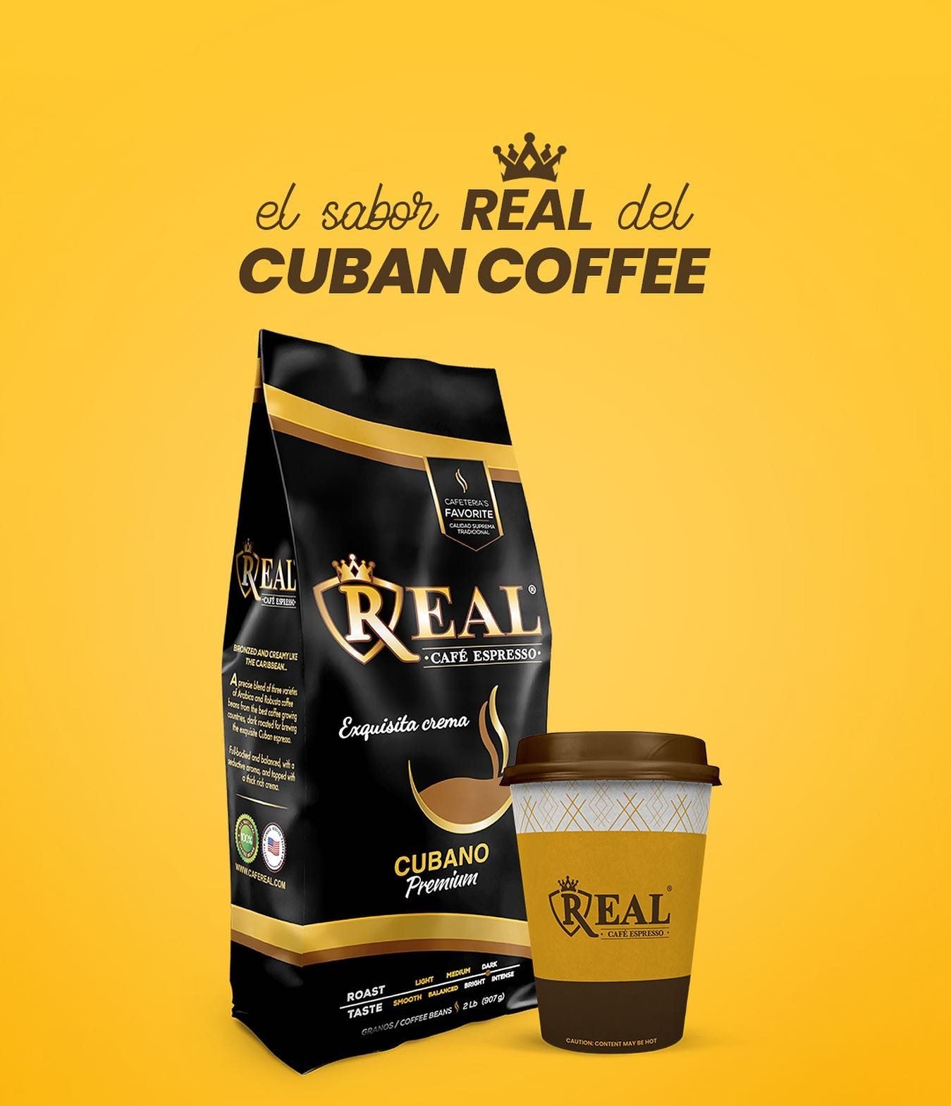 A bag of Café Real beside a takeaway cup, under the words el sabor REAL del Cuban coffee